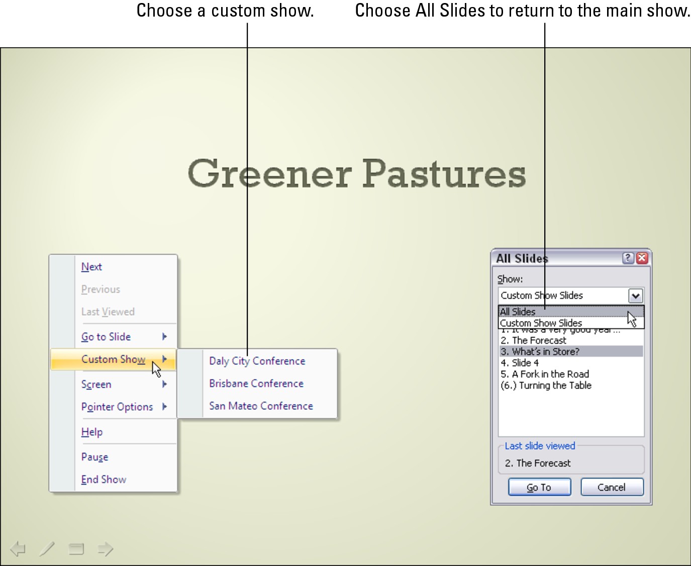 Figure 1-7: Starting a custom show (left) and returning to the main show (right).